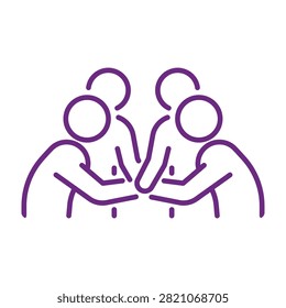 Stylized line drawing depicts four purple figures forming a circle with their hands together in the center