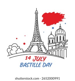Um desenho estilizado da Torre Eiffel e da arquitetura parisiense, acentuado com salpicos e pontos vermelhos e azuis, comemorando o Dia da Bastilha em 14 de julho.