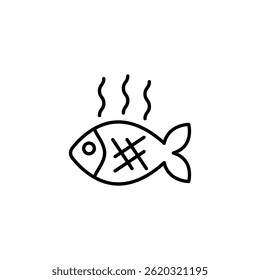 Stylized line drawing of grilled fish with steam illustration design