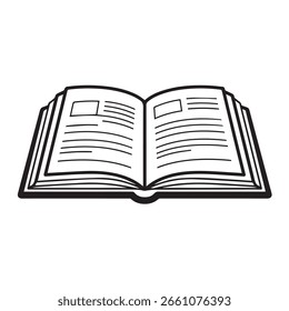A stylized line drawing of an open book, showing pages with text, representing education, knowledge, and literature. A versatile icon for learning and information.