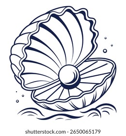A stylized line drawing of an open seashell resting on waves, showcasing a prominent pearl inside.
