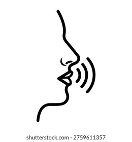 Stylized line drawing of a person's profile speaking or whispering with sound waves emanating outwards with line art
