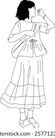 Stylized line drawing of a young woman standing confidently while dressed in casual attire, combining artistic perspective and fashion.