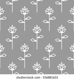 Stylized line flower gray seamless pattern. Floral repeating ornament with decorative plants.