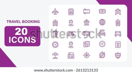Stylized  line icons featuring 20 travel booking elements like airplane, calendar, hotel, location pin, globe, car, luggage, and beach. Great for travel apps, guides, and tourism websites.

