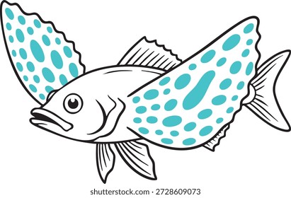 Ilustração estilizada em linha de um peixe voador com barbatanas bem pintadas que lembram asas