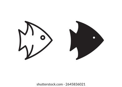 Linha estilizada e ícones de peixe sólido, ilustração de vida marinha simples em estilo de contraste preto e branco.