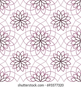 Stylized linear Chrysanthemum flower pattern in shades of purple. Geometric monoline background. Vector seamless repeat. 