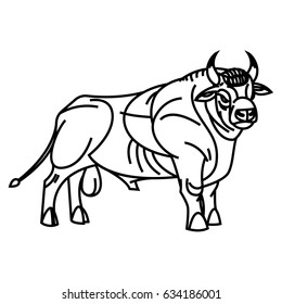 Stylized linear drawing of a powerful standing bull