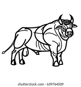 Stylized linear drawing of a powerful standing bull