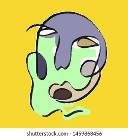 Stylized linear face in cubism style with colorful elements. Abstract art. Modern trendy contemporary portrait. Continuous drawing. 