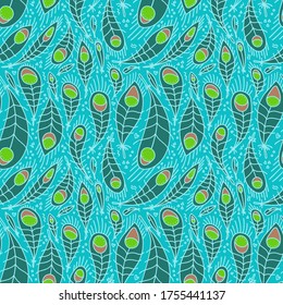Stylized linear peacock feathers background. Vector seamless pattern in bright colors. Flat vector Illustration for paper, fabric and textille in hand drawn doodle style
