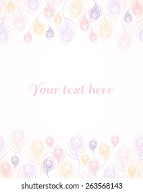 Stylized linear peacock feathers template. Place for your text. Seamless frame stripes