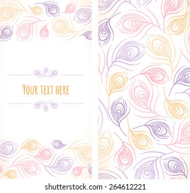 Stylized linear peacock  feathers template. Place for your text
