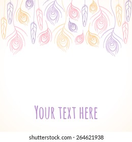 Stylized linear peacock  feathers template. Vector illustration in soft colors. Place for your text