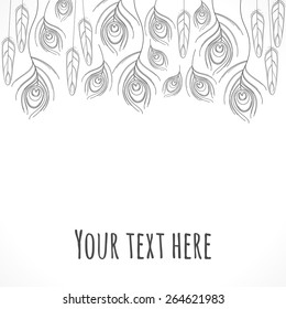 Stylized linear peacock  feathers template. Monochromatic vector illustration. Place for your text