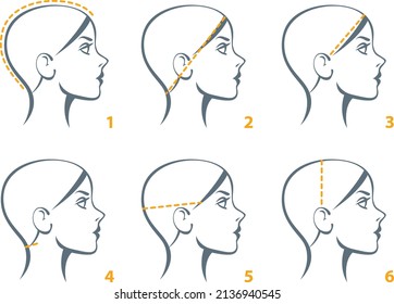 Stylized linear silhouette of a female head isolated on a white background. Template for measuring head. Wigs or hair systems or caps Sizing Charts. Vector illustration