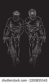 Stylized linear sketch of cyclist, athlete, man. Cyclists fight for the finish line
