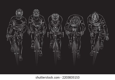 Stylized linear sketch of cyclist, athlete, man. Cyclists fight for the finish line