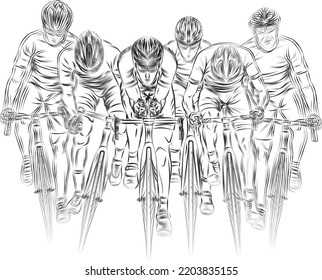 Stylized linear sketch of cyclist, athlete, man. Cyclists fight for the finish line