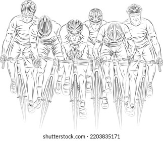 Stylized linear sketch of cyclist, athlete, man. Cyclists fight for the finish line