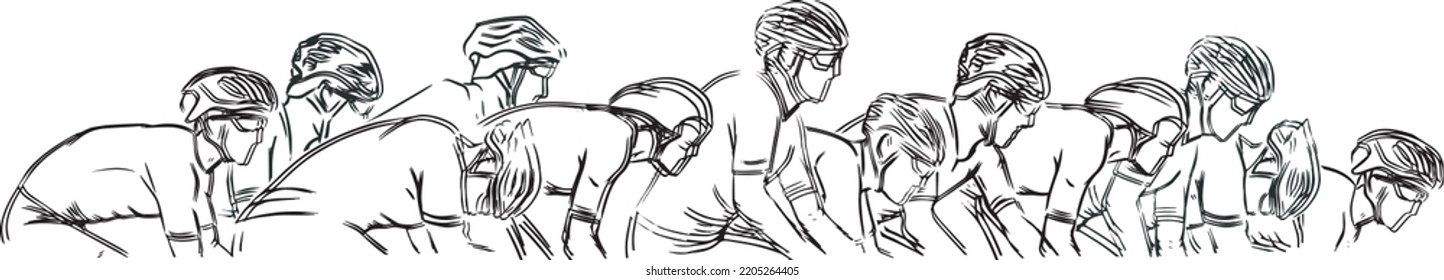 Stylized linear sketch of cyclist, athlete, man. Cyclists fight for the finish line