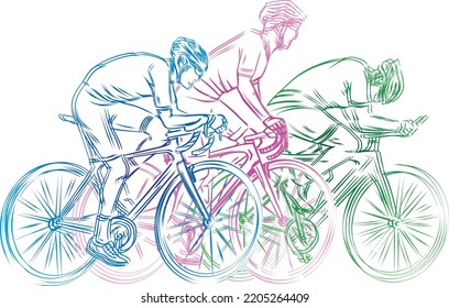Stylized linear sketch of cyclist, athlete, man. Cyclists fight for the finish line