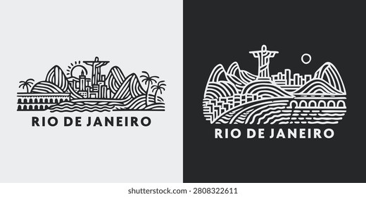 Stylized linear sketch of Rio de Janeiro cityscape with mountains and ocean view perfect for travel posters and apparel design