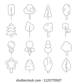 Stylized linear trees. Vector symbols of various plants. Tree plant, nature line forest illustration