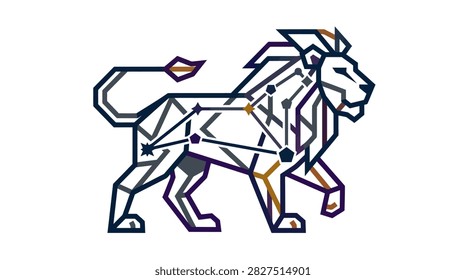 Stylized lion figure with geometric lines and constellation pattern.