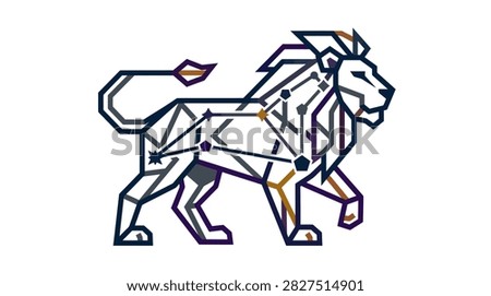 Stylized lion figure with geometric lines and constellation pattern.
