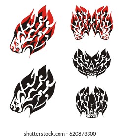Stylized lion head and butterflies from it. Tribal flaming lion head in red-black tones and butterflies from it