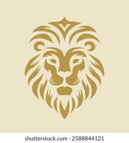 Stylized lion head emblem with intricate line details in golden color on a light background. The design represents strength, power, and elegance in a modern style. Vector illustration