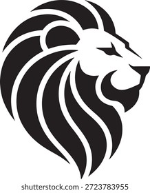 Cabeza de león estilizada con melena fluida representada en blanco y negro, que simboliza la fuerza y la elegancia, perfecta para fines de marca e identidad.