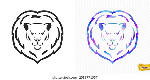 Stylized lion head illustrated in two styles: a bold monochrome version and a vibrant multicolored version with gradient lines on a transparent background.