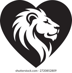 Ilustração da cabeça de leão estilizado é definido contra um fundo do coração que simboliza coragem e amor, capturando a essência de força e afeto em uma representação visual única e criativa.