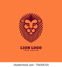 Stylized lion head logo template design in outline style. Vector illustration.