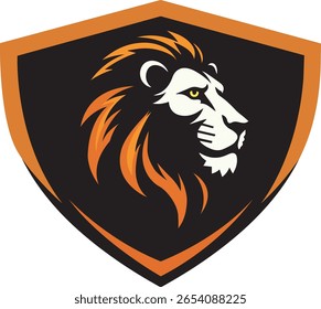 A stylized lion head within a shield shaped crest design