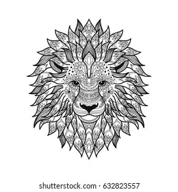 stylized lion head in zen tangle graphic style with patterned mane and herbal ethnic ornaments. coloring page for adult. hand drawn illustration in vector