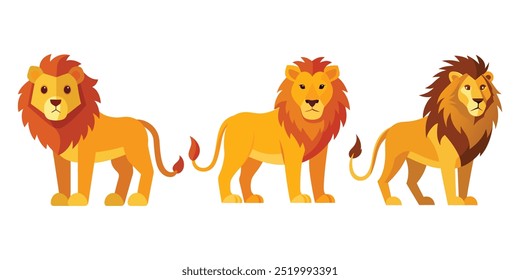 Stylized Lion Vector Illustration Set with Four Unique Designs, Bold Colors, and Cartoonish Features – Perfect for Wildlife Themes, Animal Branding, and Educational Content