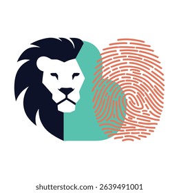 A stylized lion's head, depicted in dark blue and white, is combined with a fingerprint graphic in terracotta, creating a unique logo design.
