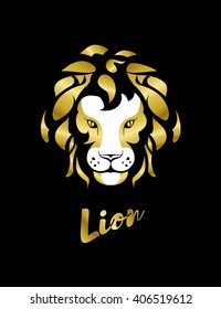 stylized lion's head on a black background in gold colors
