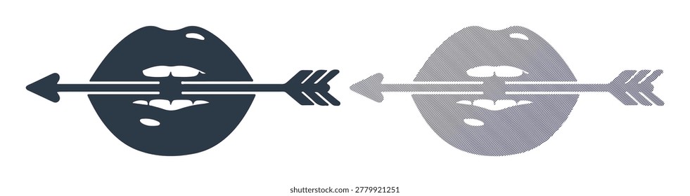 Stylized lips with arrow, symbol of love or pain, modern graphic design, white background.