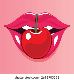 Labios estilizados sosteniendo una cereza roja sobre un fondo rosa