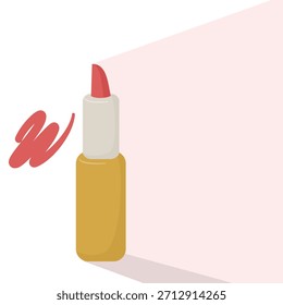 Lápiz labial estilizado en carcasa dorada con una muestra de frotis rojo, enfatizando la belleza y la cosmética.