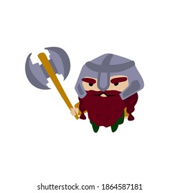 Stylized little character. flat style. A bearded gnome with a battle ax. A character for a postcard, animation or game. Vector stock illustration. White isolated background.