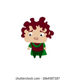 Stilvoll kleiner Charakter. Flachstil. Junge mit Regenmantel, das Hobbit. Ein Charakter für eine Postkarte, Animation oder ein Spiel. Vektorgrafik. Weißer, isolierter Hintergrund.