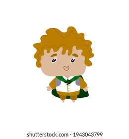 Stylized little character. Flat style. Boy with a raincoat, the hobbit. Character for a postcard, cartoon or game. Vector stock illustration. White isolated background. Guy in shirt