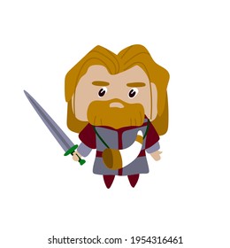 Stylized little character. Flat style. A man in armor with a sword and a battle horn. Character for a postcard, cartoon or game. Vector stock illustration. White isolated background. Lord 
