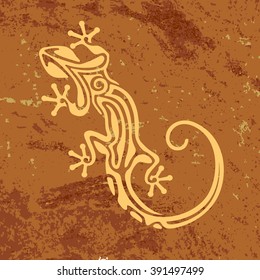 Stylized lizard icon isolated on abstract sand background. Ornamental silhouette of a salamander for your design, print, tattoo, template. Vector illustration